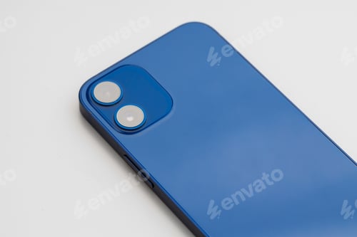 Preview: Blue modern smartphone with double-lens camera on gray background