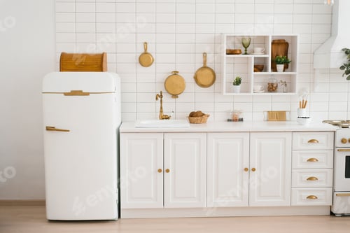 Preview: White cozy wooden kitchen in Scandinavian style
