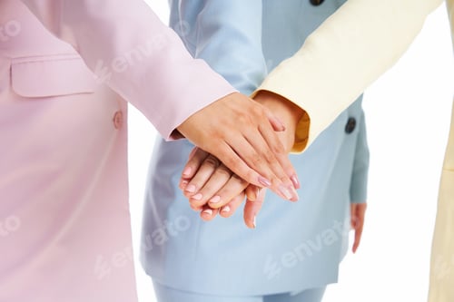 Preview: Three women in pastel suits posing over white background