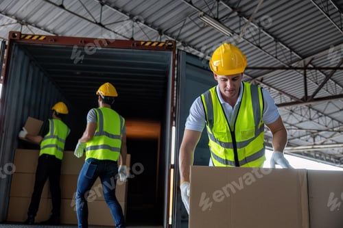 Preview: 3 Workers hand carry carton box take from 40 feet steel container one by one and stack on floor