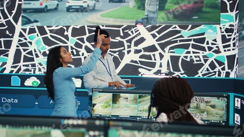 Preview: Indian supervisors examining traffic routes on satellite map