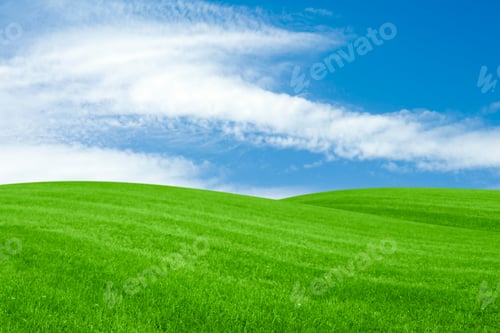Preview: Lush green grass under bright blue sky with clouds