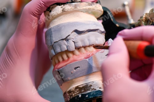 Preview: Modeling the installation of a denture with wax close up.