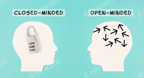 Preview: Silhouette of two people, one man is closed minded with a lock in his head, opposite to the person
