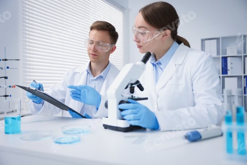Preview: Medical analysis. Scientists working with microscope in laboratory