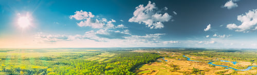 Preview: Aerial View Green Forest Woods And River Landscape In Sunny Summer Day. Top View Of Beautiful