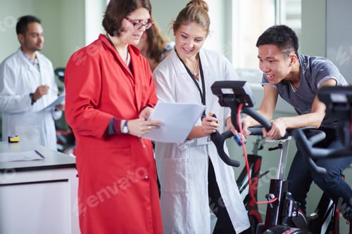 Preview: Healthcare professionals discussing over paperwork by an exercise bike in a modern clinic