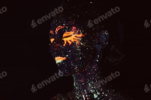 Preview: Portrait of a girl painted in fluorescent powder. Halloween concept.