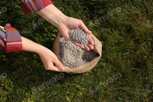Preview: Woman with fertilizer on green grass outdoors, top view
