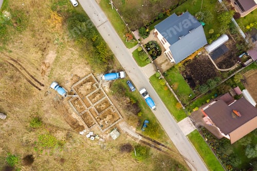Preview: Top down aerial view of construction works of new house concrete foundation in rural residential