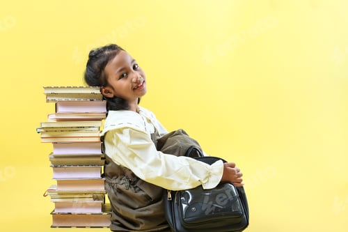 Preview: Asian Kids Girl Sitting and Leaning on Stacked Books