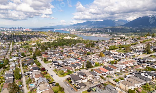 Preview: A Scenic Aerial View of Suburban Burnaby, BC, Canada With Coastal Mountains
