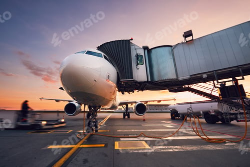 Preview: Busy airport at the colorful sunset