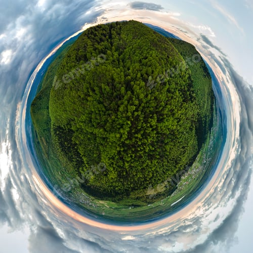 Preview: Little planet with dark mountain hills covered with green mixed pine and lush forest.
