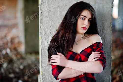 Preview: Portrait girl with red lips wearing a red checkered shirt