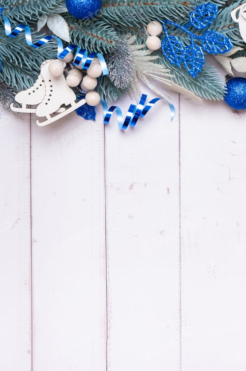 Preview: Christmas background made from pine tree, berries and festive decorations flat lay