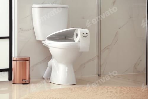 Preview: Roll of paper with funny face on toilet bowl in bathroom