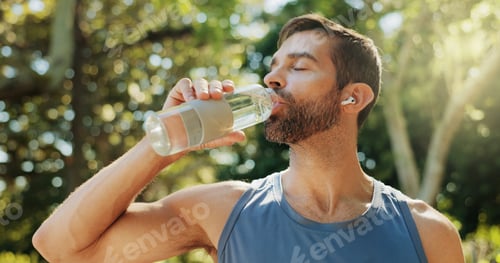 Preview: Man, fitness and drinking water in park, break and earphones with streaming subscription in summer.