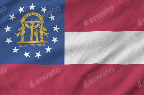 Preview: Georgia US state flag depicted on folded wavy fabric of old cloth