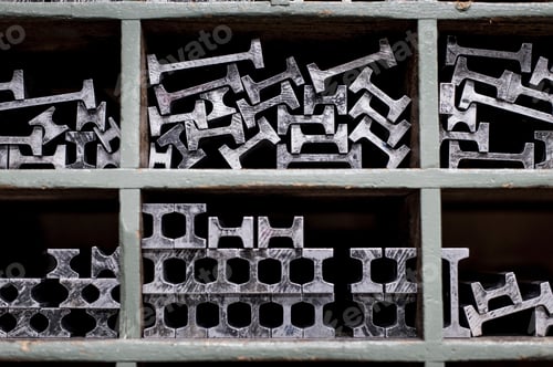 Preview: Close up of shelves and metal components in printing workshop
