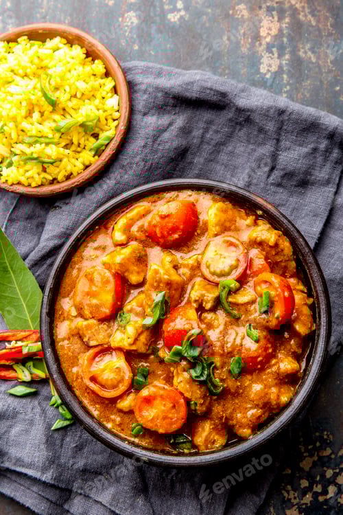 Preview: INDIAN FOOD. ROGAN JOSH curry sauce. Pork rogan josh with rice