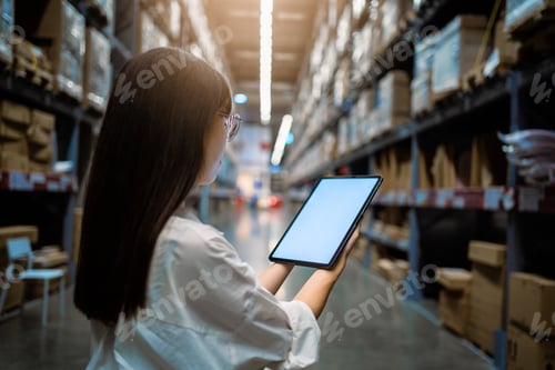 Preview: A woman is holding a tablet in a warehouse