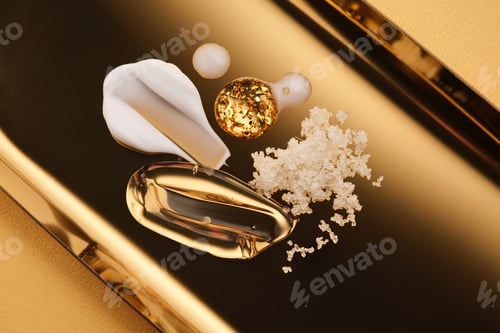 Preview: Textures of different cosmetic products on a gold background.
