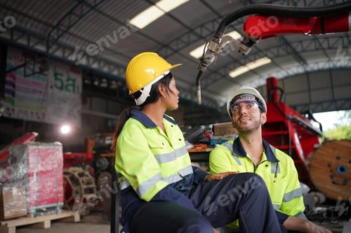 Preview: Robotics engineer working on maintenance of modern robotic arm in factory warehouse. Business techno