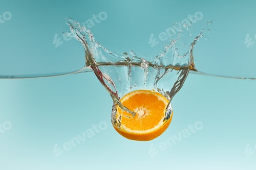 Preview: fresh orange half falling in water with splash on blue background