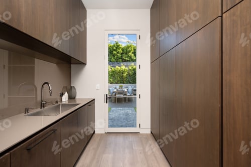 Preview: Modern kitchen with wooden cabinets and patio view