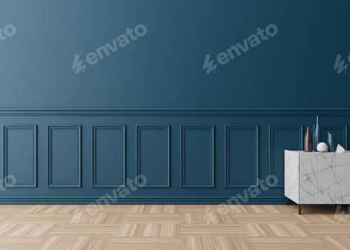 Preview: Empty room, blue wall with moulding and parquet floor. Only wall, floor and sideboard. Mock up