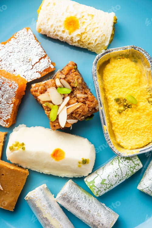 Preview: Indian assorted sweet mithai, barfi in a group