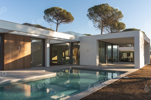 Preview: Outdoor view of a white and wooden luxury house with swimming pools and pine trees outside