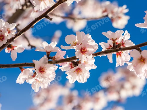 Preview: Blossoming Almond flowers against blue sky
