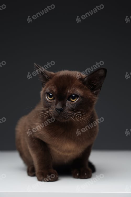 Preview: Single miniature kitty with dark brown fur agianst grey background
