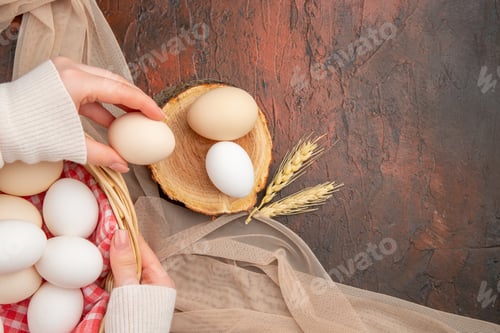 Preview: top view white chicken eggs on dark background meal animal raw farm breakfast color food photo