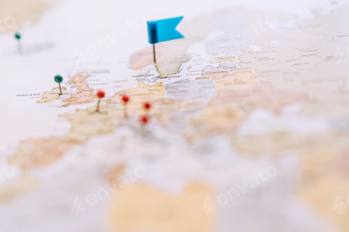 Preview: Travel map with pinned Europe travel destinations