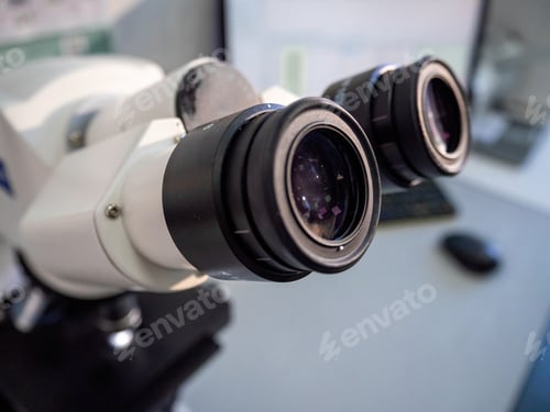 Preview: Eyepieces of the microscope standing in the laboratory of the medical center for diagnostic tests