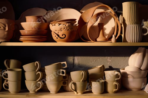 Preview: Handmade Earthenware on Shelves In Workshop