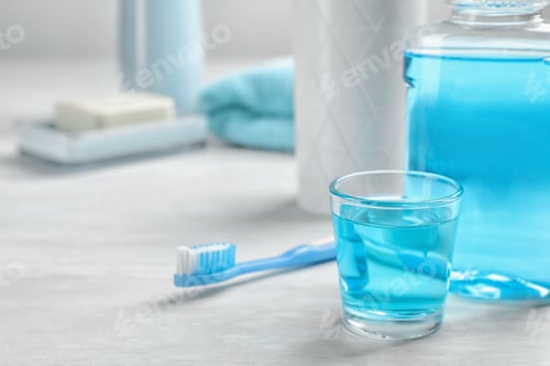 Preview: Set of oral care products on light table. Teeth hygiene