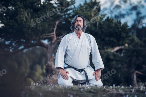 Preview: Senior man practicing karate outdoors, meditation