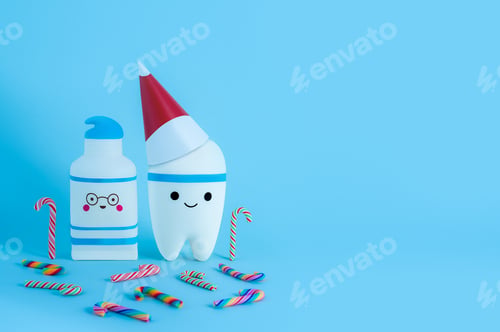 Preview: A tooth in a New Year's hat next to a toothpaste surrounded by candy canes.