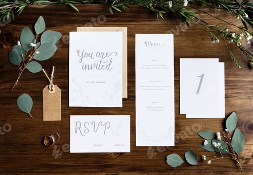 Preview: Wedding Invitation Cards Papers Laying on Table Decorate With Leaves