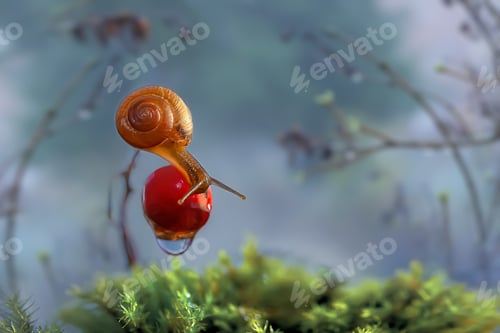 Preview: A snail on the berries of the lily of the valley tries to drink water from a dewdrop