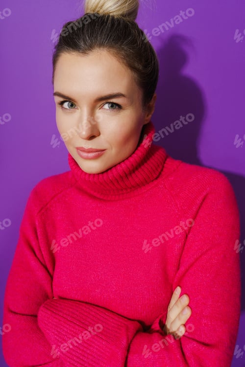 Preview: Suspicious woman wearing warm polo neck sweater against purple background