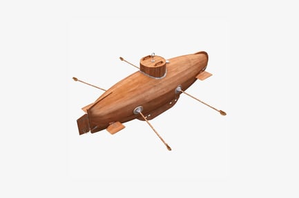 Vista previa: Submarino de madera con hélices y ojo de buey