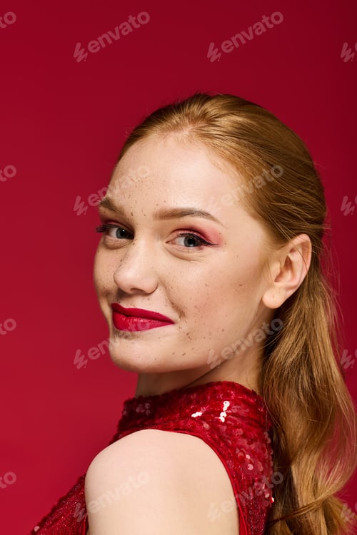Preview: Beautiful young woman with vibrant makeup showcasing confidence against a red backdrop