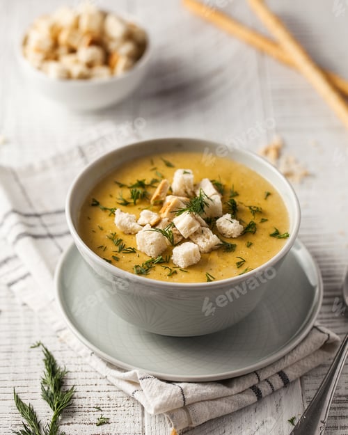 Preview: Homemade creamy cheese soup topped with croutons and dill, served in a grey bowl