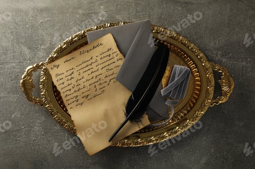Preview: Vintage letter with text, envelope and feather on golden tray on gray background, top view