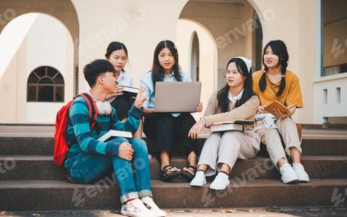 Preview: group of students young university students consulting doing homework